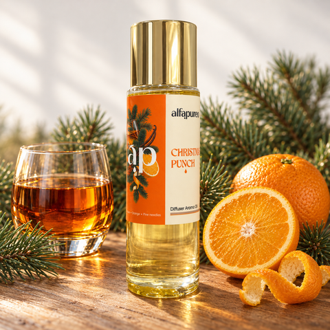 Aroma olej Christmas Punch AlfaPureo se sklenicí rumu, pomerančem a jehličím na dřevěném stole.