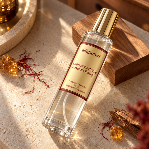 Passion Rouge, spray do tkanin i wnętrz 200 ml na jasnym kamieniu z szafranem, ambrą i drewnem cedrowym