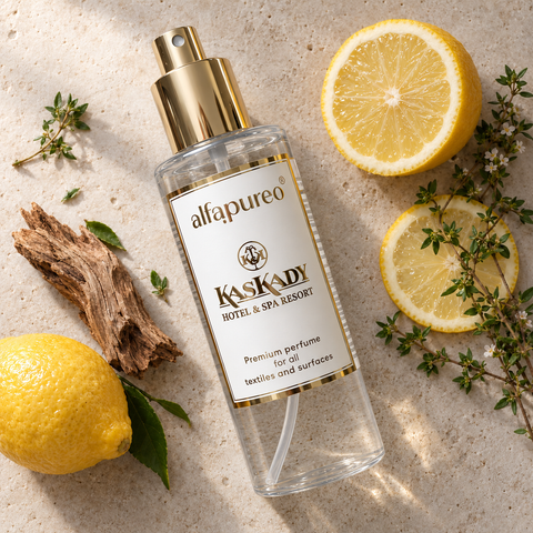 Kaskady sprej AlfaPureo 200 ml, priehladny PET flakon na prirodnom kameni s citronom, drevom a bylinkami