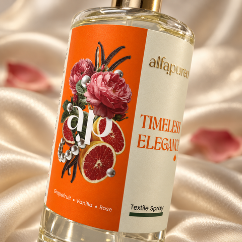 Detail des Timeless Elegance Etiketts von AlfaPureo mit erhabenem goldenem Logo, Rose, Grapefruit und Vanille vor Seide