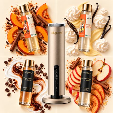 Tower Gold diffuser and Pumpkin Spice, Vanilla Cupcake, Milk Coffee and Hot Apple aroma oils